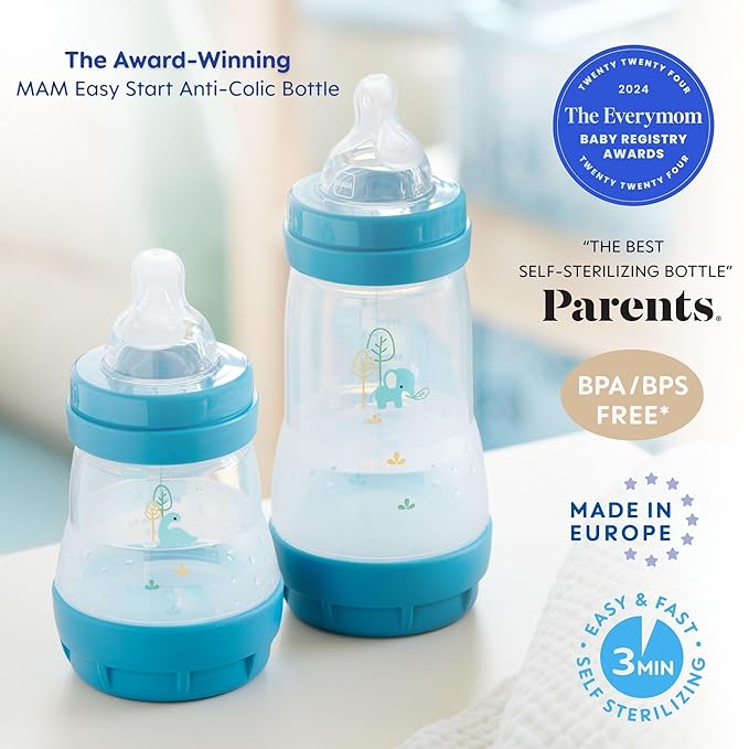 MAM 9oz Easy Start Anti-Colic Baby Bottles, Medium Flow, Breastfeeding-Like Silicone Nipple, Reduces Colic, Gas, & Reflux, Easy-to-Clean, BPA-Free, Baby Bottles for Newborns, 2+ Months-BubblyBeeBaby