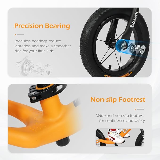 12" Balance Bike for 2, 3, 4, 5 Year Old Boys and Girls, Lightweight Nylon Frame Toddler Training Bike No Pedal Bikes for Kids with Adjustable Seat and Air Tires-BubblyBeeBaby