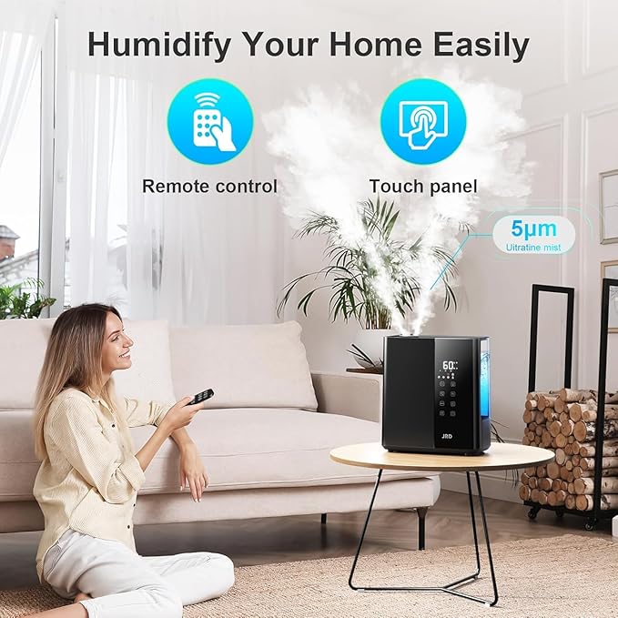 JRD Smart Humidifiers for Bedroom, 5L Warm & Cool Mist Ultrasonic Air Humidifier for Large Room Home Indoor, 50Hrs Quiet Runtime for Baby, Plants, Remote Control, Auto Humidity Sensor, 12H Timer-BubblyBeeBaby
