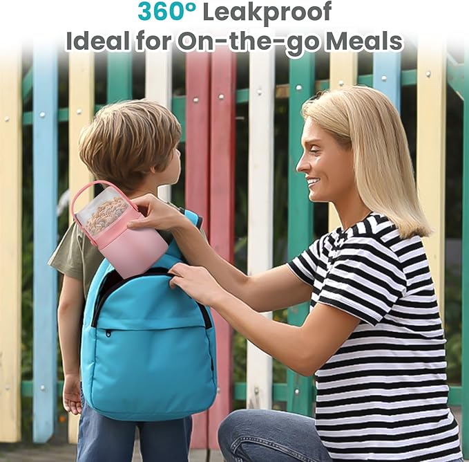 2-in-1 Insulated Food Jar & Snack Container - 15oz Kids Soup Thermos for Hot Food with Handle and Spoon, Leak Proof Reusable Toddler Snack Box, Perfect for School & Travel, Pink-BubblyBeeBaby