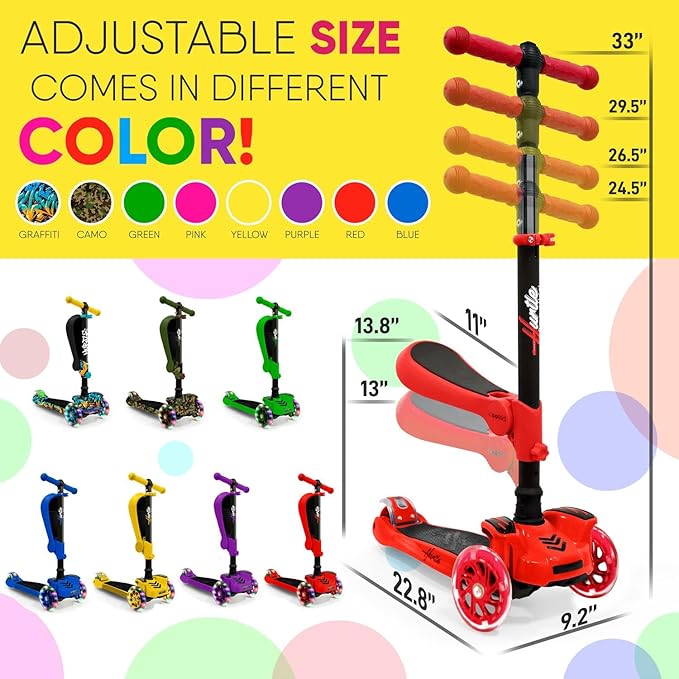 Hurtle 3-Wheeled Scooter for Kids - Wheel LED Lights, Adjustable Lean-to-Steer Handlebar, and Foldable Seat - Sit or Stand Ride with Brake for Boys and Girls Ages 1-14 Years Old-BubblyBeeBaby
