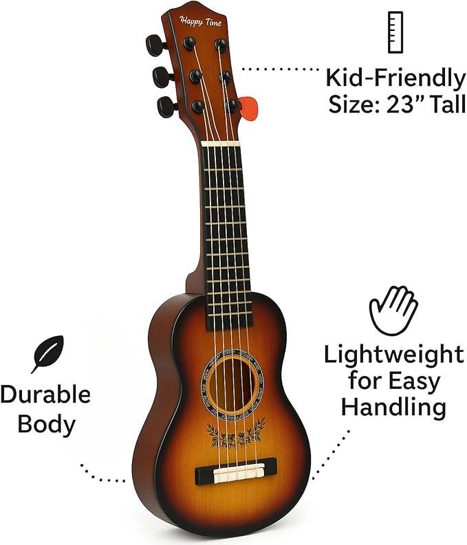 23" Acoustic Guitar, Kids 6 String Toy Guitar - Realistic Steel Strings - Beginner Practice First Musical Instrument for Children, Toddlers (Amber Sunburst)-BubblyBeeBaby