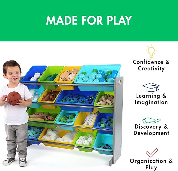 Humble Crew Supersized Toy Storage Organizer with 16 Removable Bins, Grey/Blue/Green/Yellow – Large Toy Storage for Toddlers Ideal for Kids' Rooms, Playrooms, and Nurseries - Modern Toy Bins for Kids-BubblyBeeBaby