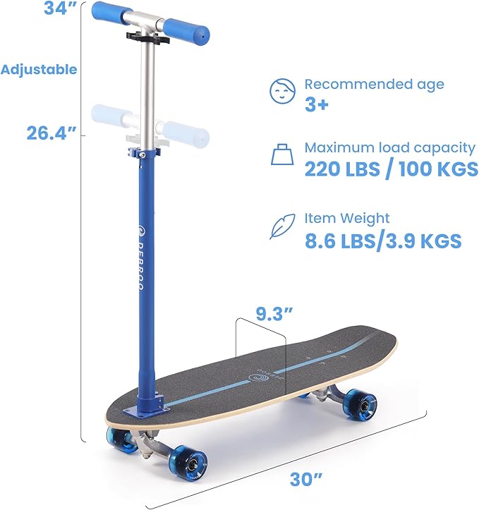 2-in-1 Kids Skateboard & Lean-to-Steer Scooter with Detachable Handlebar, LED Light-Up Wheels, Adjustable Height – Beginner Surf Skateboard for Ages 3+-BubblyBeeBaby