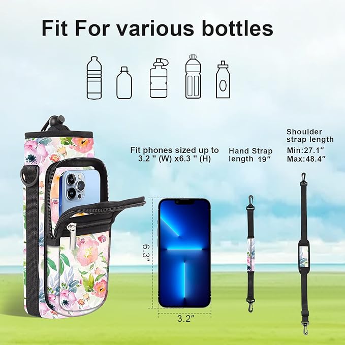 25/32/40/64oz Water Bottle Bag Holder Carrier-Insulated Crossbody Sling Case Sleeve with Strap & Pockets for Men Women Gym Cycling Travel Walking Hiking Camping-BubblyBeeBaby