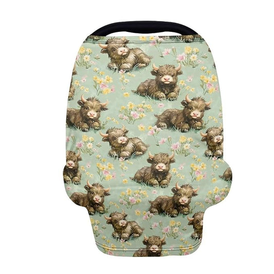 Binienty Highland Cow Baby Car Seat Cover for Boys Girls,Boho Floral Infant Carseat Cover Multi Use Baby Nursing Cover, Shopping Cart/High Chair/Stroller Cover-BubblyBeeBaby