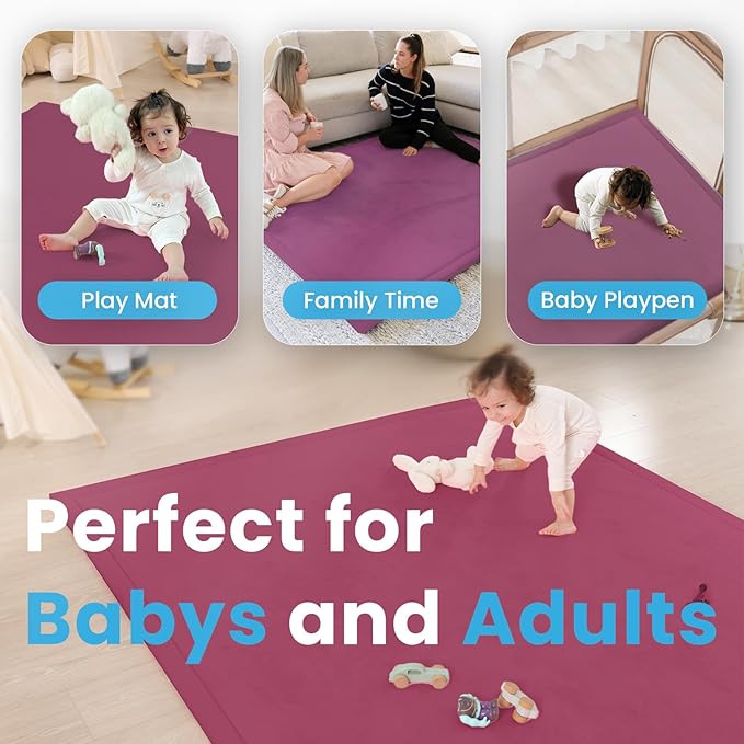1.3" Thick Baby Play Mat for Floor, 39x59 Foam Tummy Time Mat, Padded Support Soft Plush Nursery Rug for Infant Kids Toddler Crawling Kick Activity (Burgundy)-BubblyBeeBaby