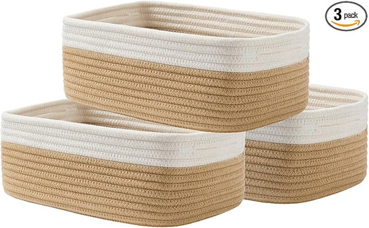 KALLAX Small Woven Basket, 12 x 8 x 4.5 Inches, Storage Basket for Organizing, Cute Small Rope Shelf Closet Cube Storage Bins Baskets for Shelves, Dog Toy Gift Baskets Empty, 3 Pack White & Brown-BubblyBeeBaby