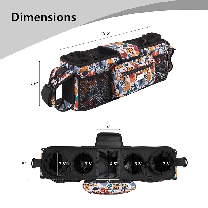 TOPDesign Universal Baby Stroller Organizer, Double Stroller Caddy with Detachable Mesh Bag & Heightened Insulated Cup Holders & Non-Slip Secure Hooks Accessories, Fits Most Strollers (Zoo)-BubblyBeeBaby