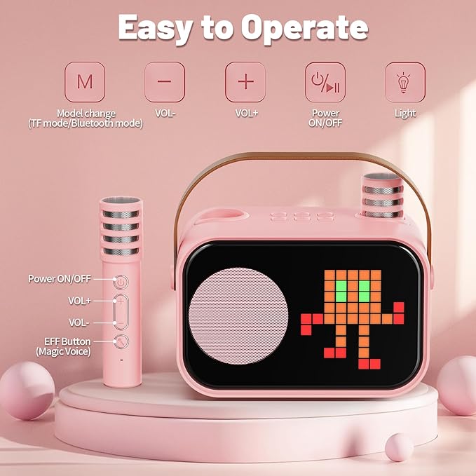 Karaoke Machine for Kids Adults, Portable Bluetooth Karaoke Speaker with 2 Wireless Microphones, Pixel Display Light, Birthday Gifts Toys for Girls & Boys Ages 3, 4, 5, 6, 7, 8, 9,10,11,12+ Years-BubblyBeeBaby