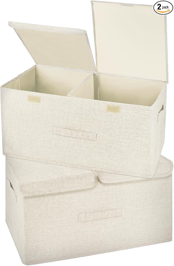 2 Pack Storage Boxes with Lids and Handles, Collapsible Linen Storage Bins Organizer Containers Baskets Cube with Removable Divider for Home Bedroom Closet Office (Cream, Large)-BubblyBeeBaby