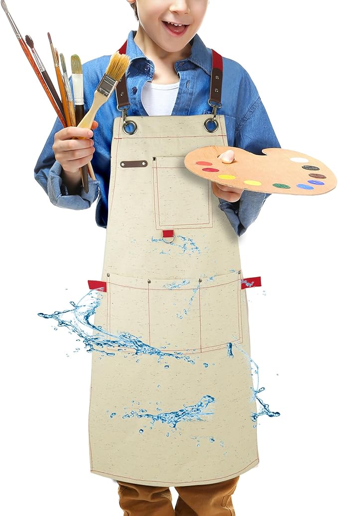 Kids Art Aprons for Painting, Gardening, Cooking, Multiple Pockets, Kids Smock for Boys & Girls, Waterproof (Age6-12)-BubblyBeeBaby