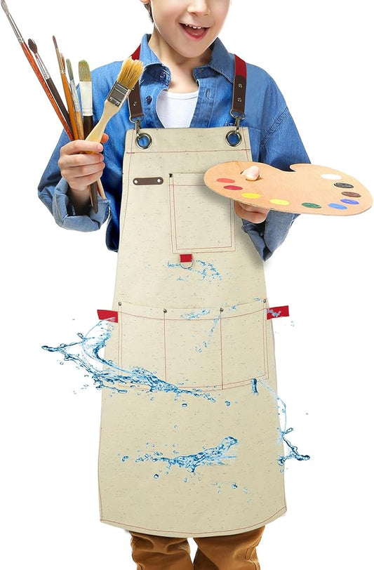 Kids Art Aprons for Painting, Gardening, Cooking, Multiple Pockets, Kids Smock for Boys & Girls, Waterproof (Age6-12)-BubblyBeeBaby