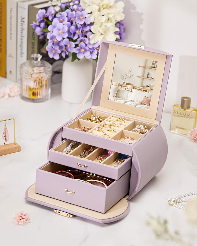 Homde Girls Jewelry Box Jewelry Storage Case Organizer Faux Leather with Mirror for Rings, Earrings, Bracelets, Necklaces (Grey Purple)-BubblyBeeBaby