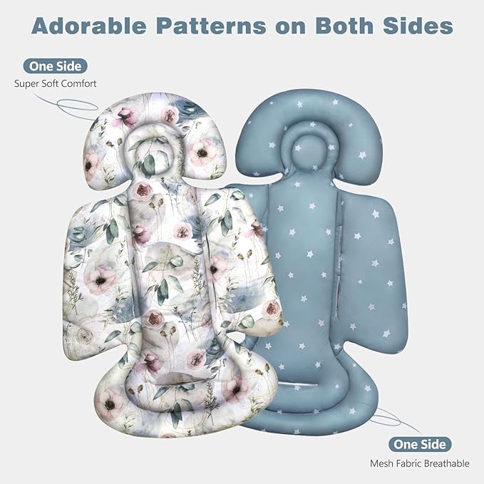 Upgraded Infant Car Seat Insert, 2-in-1 Reversible Baby Car Seat Head Support with 3 Strap Covers, All Seasons Newborn Car Seat Insert and Baby Carseat Cushion for Stroller, Swing, Rocker, Bassinets-BubblyBeeBaby