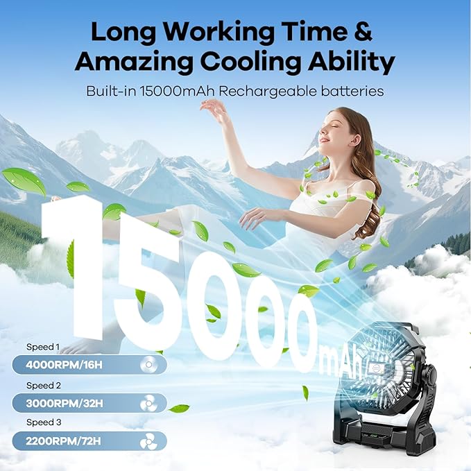 15000mAh Portable Battery Powered Camping Fan - with LED Light, Quiet Battery Operated, Camping Gear for Travel, Tent, Beach, Car or Hurricane Power Outages，Black-BubblyBeeBaby