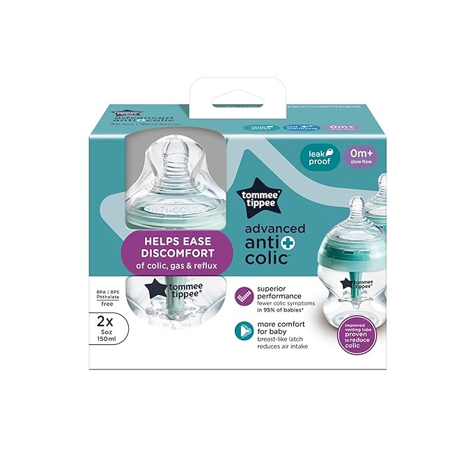 Tommee Tippee Advanced Anti-Colic 5 oz BPA Free Baby Bottles, Newborn 0+ Months, Slow Flow Breast-Like Nipple, Unique Design Keeps Air Away from Milk and Baby, Clear, Pack of 2-BubblyBeeBaby