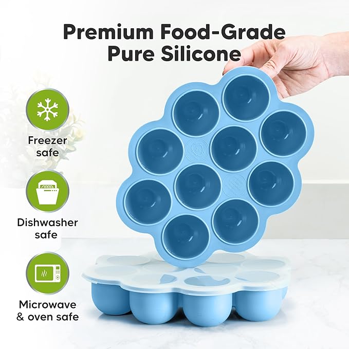 KeaBabies Silicone Food Freezer Trays with Lid, 2oz x 10 Pods Baby Food Storage Containers, Easy Puree Meal Prep, Breast Milk Silicone Freezer Molds, Dishwasher, Microwave Safe, BPA-Free (Misty Blue)-BubblyBeeBaby