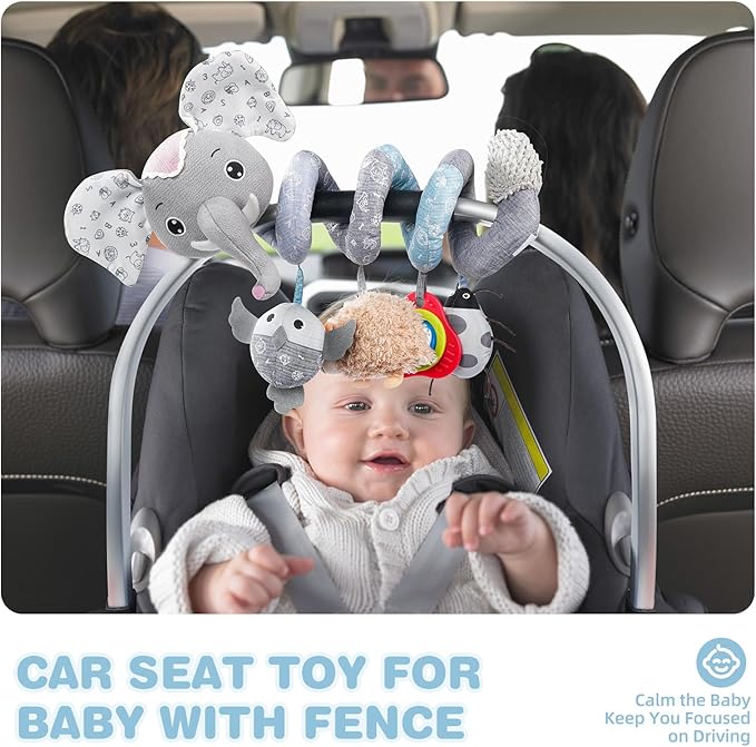 Jollybaby Baby Car Seat Stroller Toys, Plush Activity Hanging Spiral Activity Pram Crib with Music Box, Rattles, Squeaker for Babies Infant Boys Girls (SZ Gray Elephant)-BubblyBeeBaby