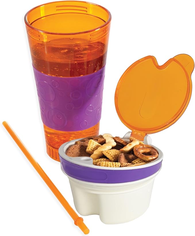 2 in 1 Snack Drink Cup Kids Spill Proof Tumbler Plastic Straw Lid Locks 16 Oz-BubblyBeeBaby