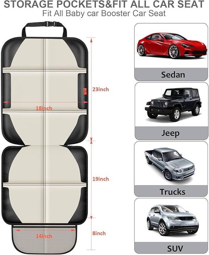 Car Seat Protector,2 Pack Car Seat Protectors Baby Carseat Waterproof Durable 600D Fabric for Child Baby Car Seat Mat Vehicle Pet Cover 2 Storage Pockets (2 Pack Beige)-BubblyBeeBaby