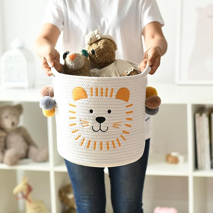 INough Toy Storage Baskets Cute Laundry Basket with Handles Dog Toy Storage Basket Durable Large Cotton Rope Storage Bins Home Organizer Solution for Office, Bedroom, Closet, Toys & Laundry (Lion)-BubblyBeeBaby