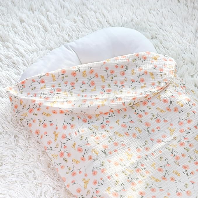 Hooyax Baby Lounger Cover 2 Pack - 100% Muslin Cotton Newborn Lounger Pillow Covers Only, Soft Breathable Infant Lounger Cover with Reinforced Stitching, Fits Most Standard Baby Loungers (Pink Floral)-BubblyBeeBaby