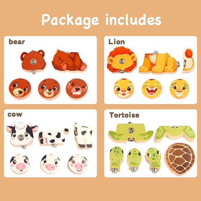 HUZU Animal Snap Wooden Building Blocks – Fun & Educational Puzzle Toy for Kids Aged 3-8, Features Cow, Bear, Lion and Turtle, Matching Game with Interchangeable Animal Faces & Emotions-BubblyBeeBaby