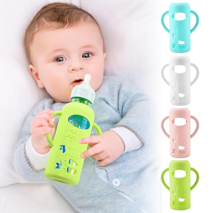4 Pack Silicone Sleeves for Dr. Brown's Glass Baby Bottles, Anti Breakage Durable Baby Bottle Holder with Easy Grip Handles, Narrow Sleeve with a Cutout, Dishwasher/Freezer/Microwave Safe, 8 oz-BubblyBeeBaby
