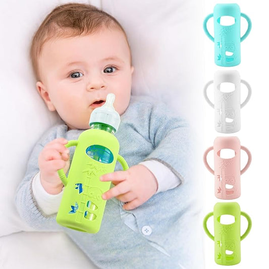 4 Pack Silicone Sleeves for Dr. Brown's Glass Baby Bottles, Anti Breakage Durable Baby Bottle Holder with Easy Grip Handles, Narrow Sleeve with a Cutout, Dishwasher/Freezer/Microwave Safe, 8 oz-BubblyBeeBaby