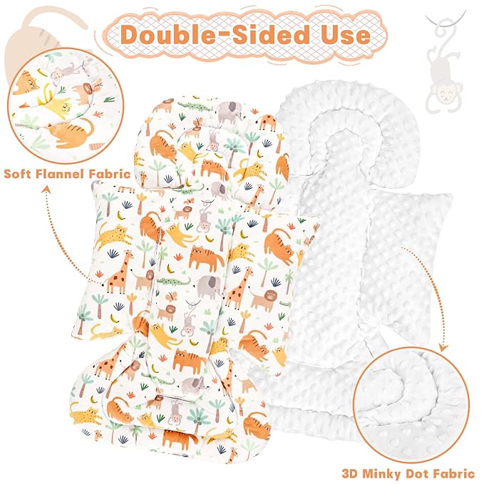 Infant Car Seat Insert, Soft Baby Car Seat Head & Body Support for Girl Boy, Reversible Newborn Preemie Carseat Insert Cushion with 3 Straps Pads Fits CarSeat, Stroller, Swing, Bouncer, Animals-BubblyBeeBaby