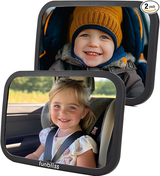 Funbliss Rear Facing Car Seat Mirrors - Shake-proof & Shatterproof Baby Car Mirror for Backseat - Clear Wide View, Easy Install, 2 Pack for Multiple Kids-BubblyBeeBaby