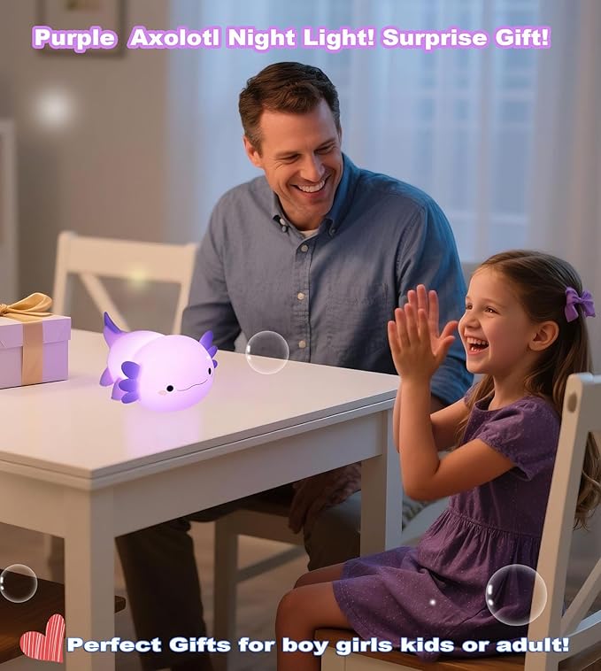 HAPPYBAG Axolotl Night Light,Cute Axolotl lamp Gifts for Kids,Dimmable Silicone Animal Nursery Night Light,Kawaii Rechargeable Bedside Touch Lamp,Baby Room Decor Axolotl Light-BubblyBeeBaby