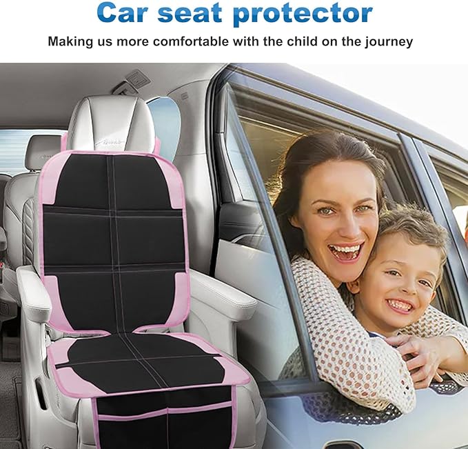 Child Car Seat Protector, 2 Pack with Mesh Pockets & Non-Slip Backing, 600D Durable (Pink, Standard)-BubblyBeeBaby