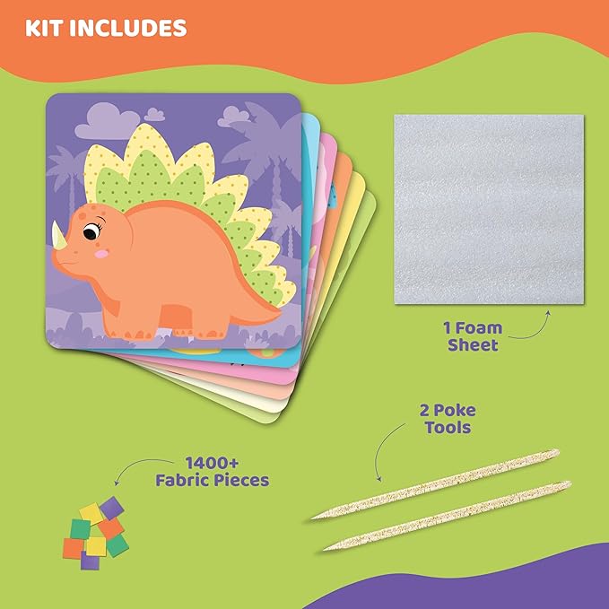 jackinthebox Poke Poke Art – Dinosaurs Theme, Mess-Free Fabric Art and Craft, Flower Pressing Kits, Gift for Kids, Toys for Girls and Boys Ages 4 5 6 7 8-BubblyBeeBaby