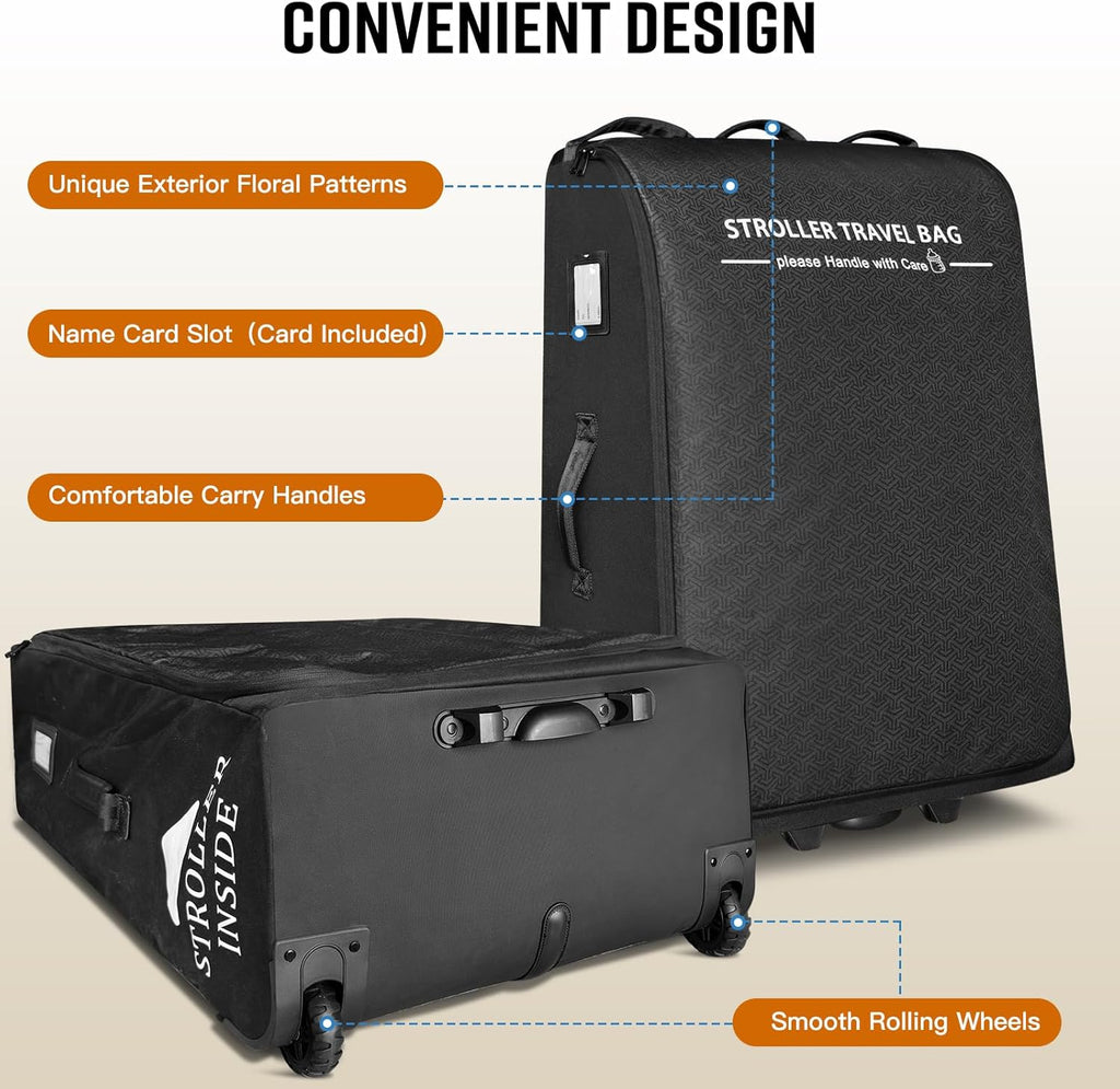 RAYMACE Padded Stroller Travel Bag for Airplane with Wheels Fits to UPPAbaby Vista V2 V3, Cruz V2 V3,Travel Safe Protection Storage Bag, Patterned Design, Black