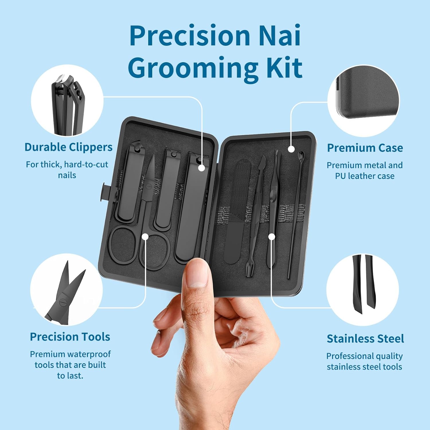 Precision 8 Pieces Men’s Nail Grooming Travel Kit, Stainless Steel Manicure Set with Fingernail & Toenail Clippers, Nail File, Slant Tip Tweezers, Cuticle Scissors, Cuticle Pusher, Travel Case