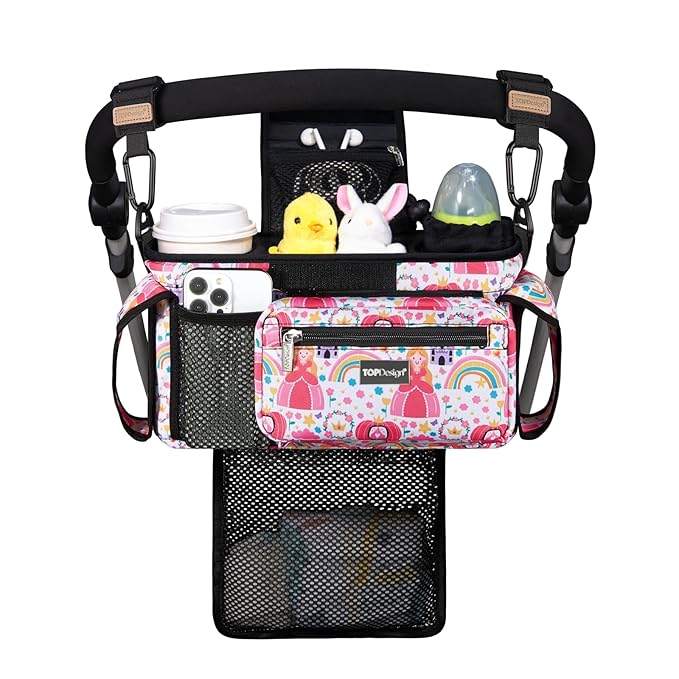 TOPDesign Universal Baby Stroller Organizer, Stroller Caddy with Detachable Mesh Bag & Heightened Insulated Cup Holders & Non-Slip Secure Hooks Accessories, Fits Most Strollers (Pumpkin Princess)-BubblyBeeBaby