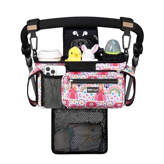 TOPDesign Universal Baby Stroller Organizer, Stroller Caddy with Detachable Mesh Bag & Heightened Insulated Cup Holders & Non-Slip Secure Hooks Accessories, Fits Most Strollers (Pumpkin Princess)-BubblyBeeBaby