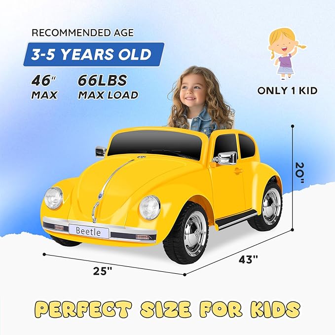 12V Kids Electric Car, Power Wheels with Remote Control, Ride on Car Toys with LED Light, 3 Speeds, Music, Yellow-BubblyBeeBaby