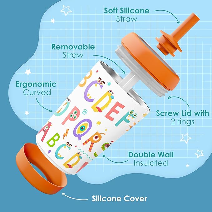 Kid Insulated Stainless Steel Tumbler with Silicone Straw, 12oz Sippy Cup for Kids (Alphabet)-BubblyBeeBaby