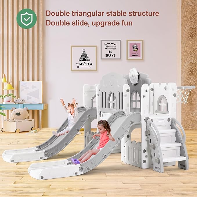 JOYLDIAS 9 in 1 Toddler Slide, Toddler Playground with Double Slides, Climber,Basketball Hoop,Tunnel, Telescope, Storage Space and Non-Slip Step, Indoor Outdoor Backyard Playset for Toddlers Age 1-3+-BubblyBeeBaby