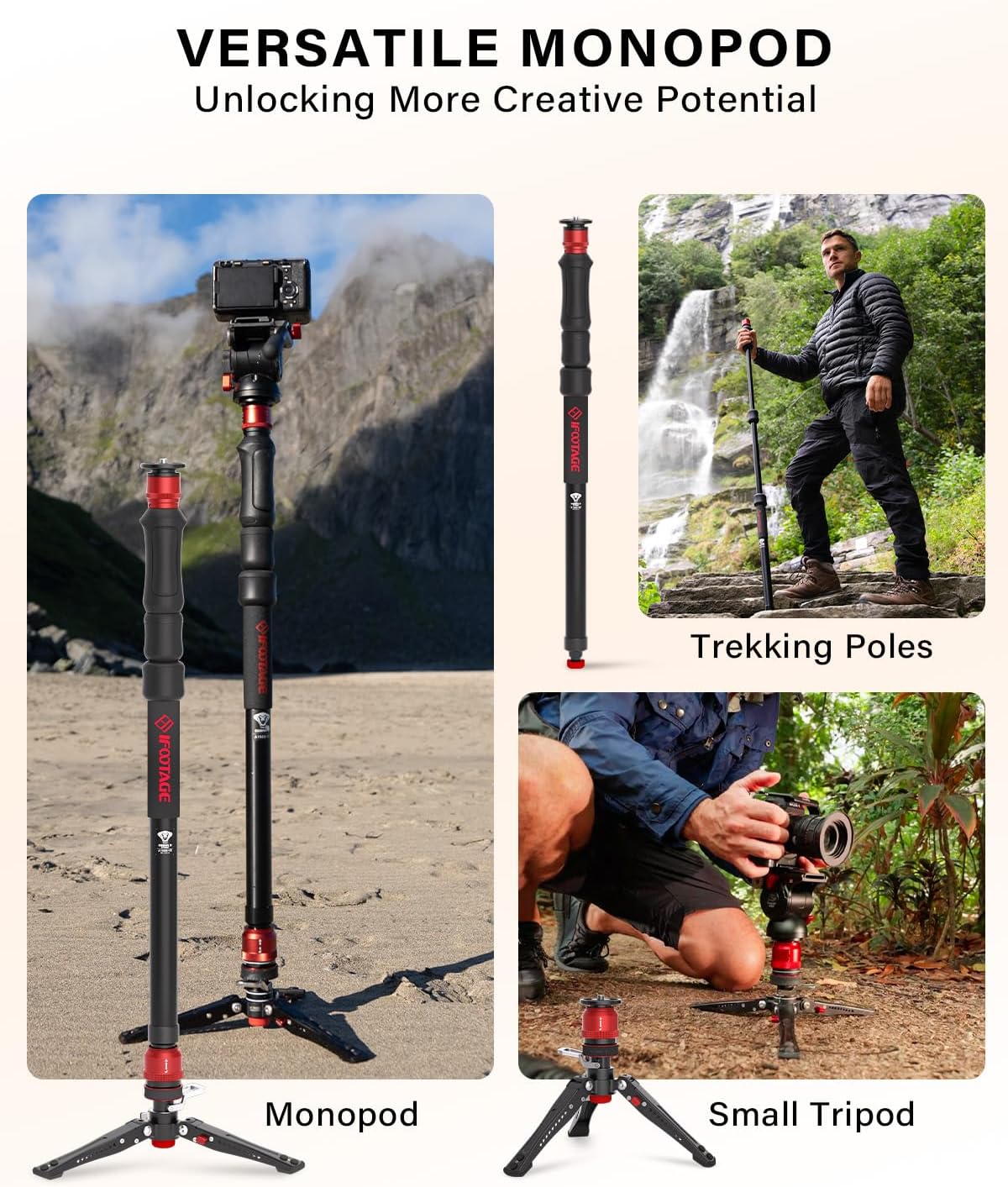 IFOOTAGE Cobra 3 Strike Monopod with Feet,Portable Travel Monopod for Camera A150S Ⅲ with Pan Tilt Head K5S,Pedal Design Base,One-Click to Extend Height 59"/150cm,Payload 11lbs/5KG