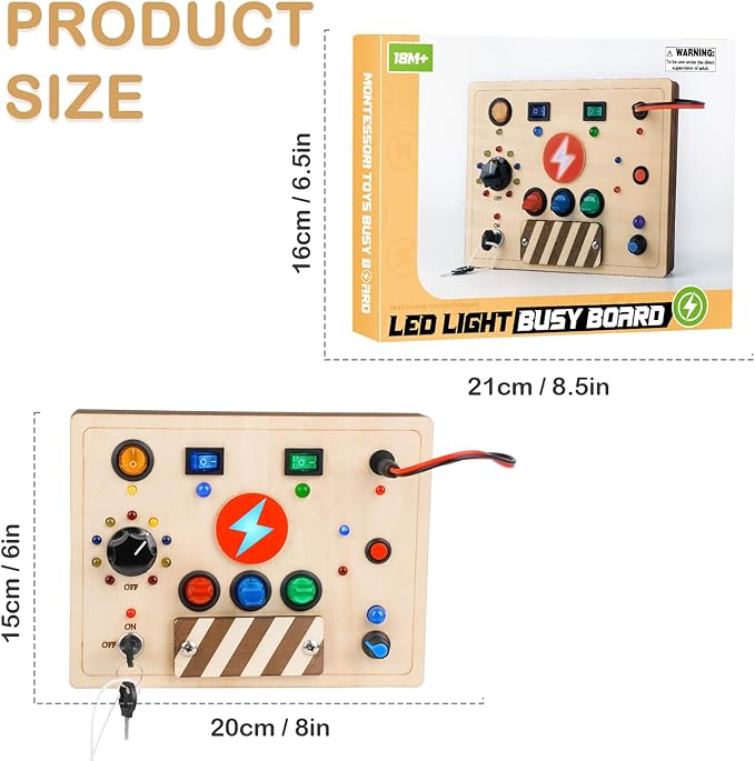 Joyreal Montessori Busy Board Wooden Sensory Toys for Toddler with LED Light Up Switch, Baby Fidget Board Travel Toys for 18+ Months, 1 2 3 Year Old Boys Girls Toddler Toy Gifts (Mixed Lights)-BubblyBeeBaby
