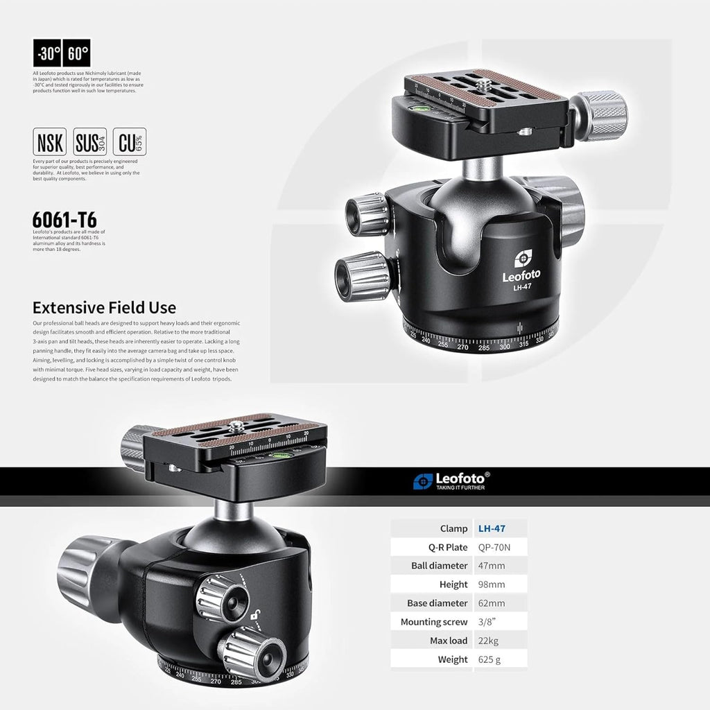 Leofoto Professional Camera Tripod, 63.9" Compact Carbon Fiber Tripod for DSLR Video Camcorder, 5 Leg Sections, 360° Ball Head, Max Load 20KG/44Lb (LS-365CX+LH-47)