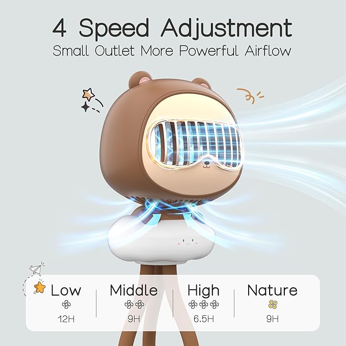 Cute Bear Stroller Fan Clip On for Baby, Portable Bladeless Fans 4 Speeds Oscillating, 4000mAh Rechargeable Battery Powered, Flexible Tripod Strong Cooling for Bedside Crib Car Seat-BubblyBeeBaby