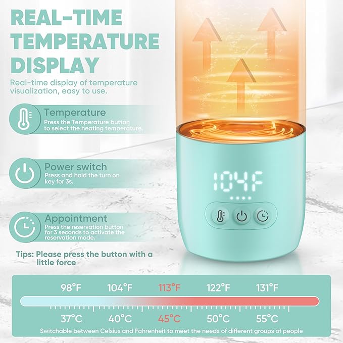 Portable Bottle Warmer for Travel,Portable Milk Warmer for Baby-12oz Ceramic Heater Heating,Fast Charging & Cordless Portable Baby Bottle Warmer -Dual Heating Modes for Breast Milk & Water,Green-BubblyBeeBaby