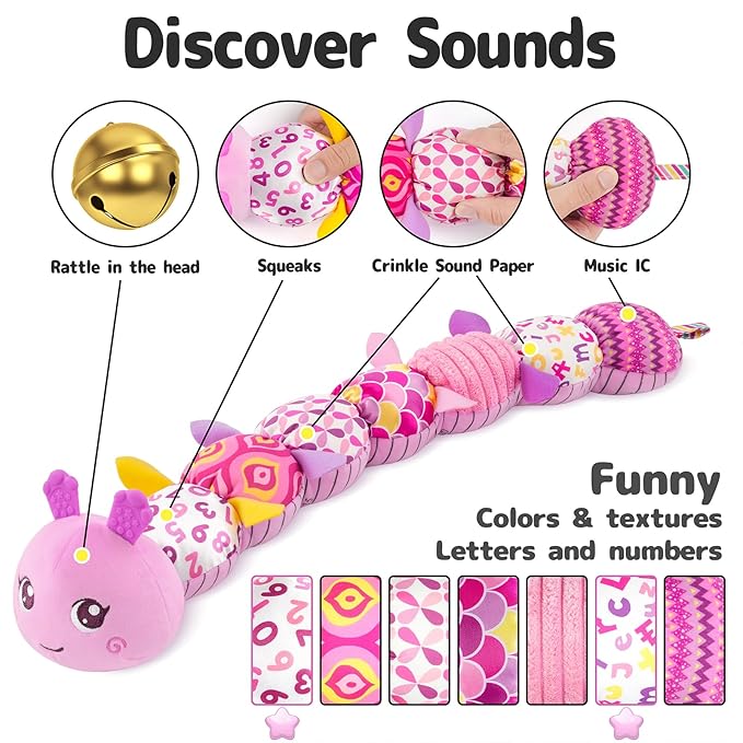 Infant Baby Musical Stuffed Animal Activity Soft Toys with Multi-Sensory Crinkle, Rattle and Textures for 0-3-6-12 Months Developmental Toys, Caterpillar, Purple-BubblyBeeBaby