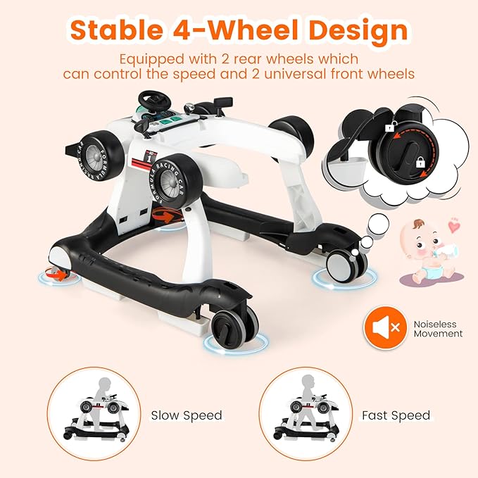 HONEY JOY 4-in-1 Baby Walker, Activity Push Walker w/3 Adjustable Heights, Smooth Wheels w/Adjustable Speed, Padded Seat, Music & Light, Foldable Car Walker for Baby Boys Girls Age 6 Months+ (White)-BubblyBeeBaby
