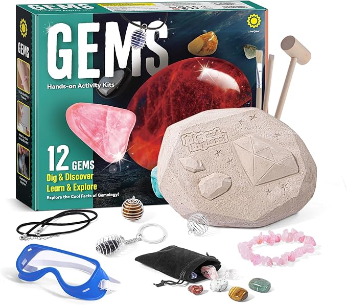12PCS Gemstone Dig Kit for Kids – Dig Up Gems & Make Necklaces, Bracelets, Keychains – STEM Crystal Jewelry Craft Kit with Safety Goggles – Gift for Girls & Boys Ages 6 7 8 9 10 11 12-BubblyBeeBaby